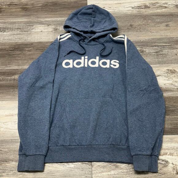 Adidas Essentials 3 Stripes Blue White Mens M Spellout Pullover Track Hoodie - Picture 1 of 11